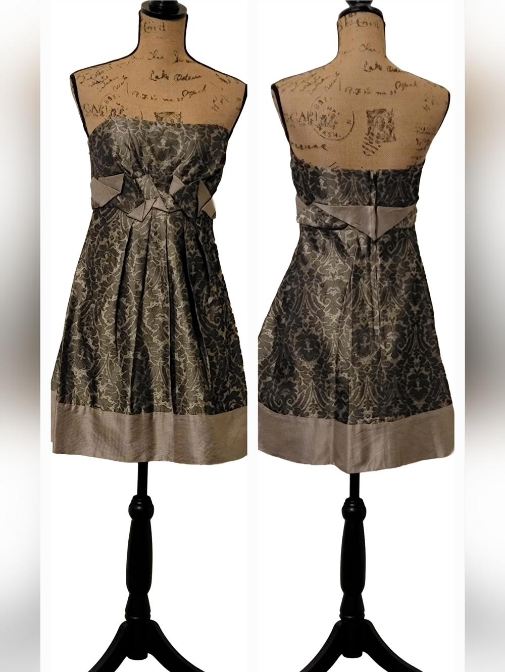 BCBGMAAZRIA Jacquard Strapless  100% Silk Babydoll Cocktail Mini Zip Dress